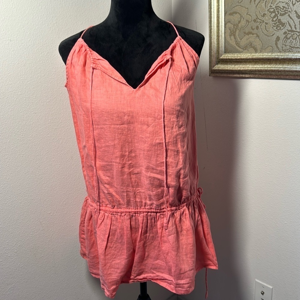 J. Crew Sz XS 100% Linen Boho split collar ties ruffle bottom waist ties Sz XS